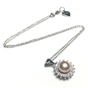 925 Silver Pink Pearl CZ Crystal Pendant Necklace
